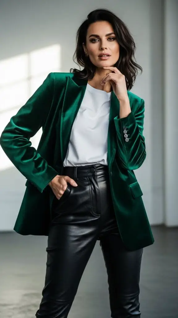 Velvet Blazer + White Tee + Leather Pants