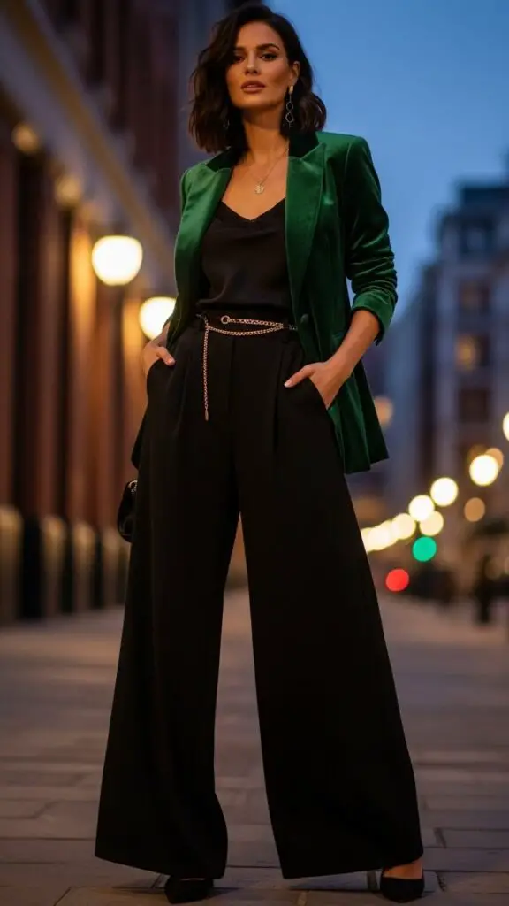Velvet Blazer + Wide-Leg Pants