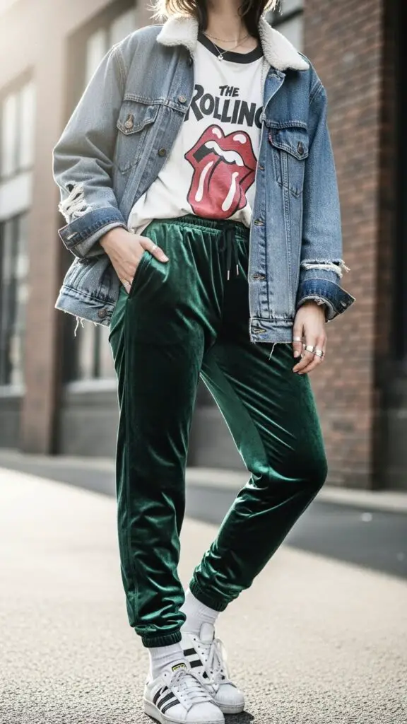 Velvet Joggers + Graphic Tee + Denim Jacket