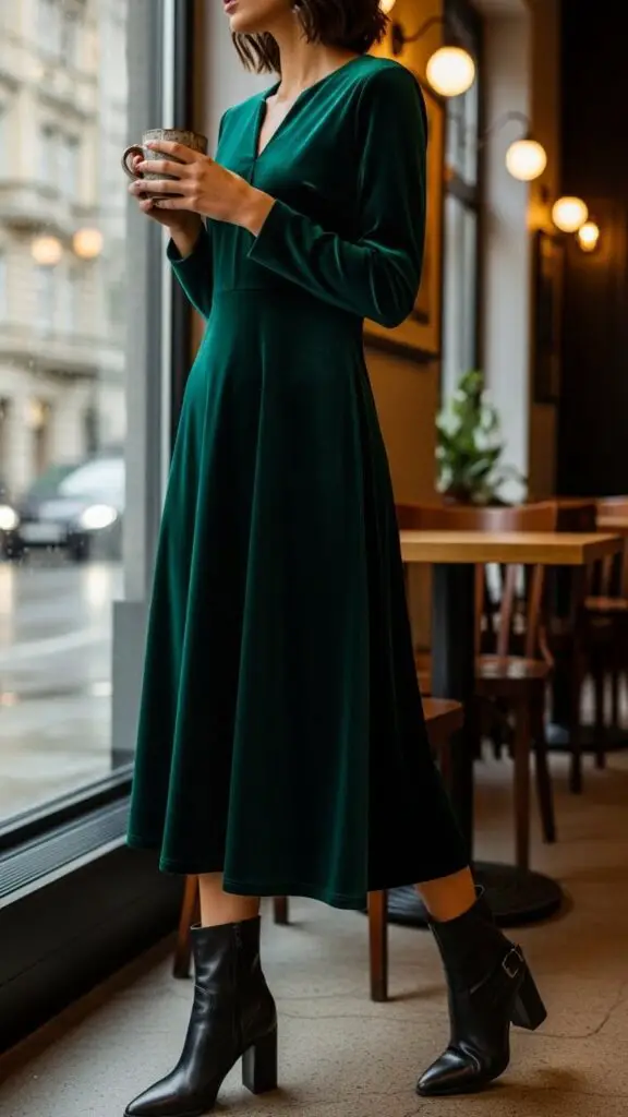 Velvet Midi Dress + Ankle Boots