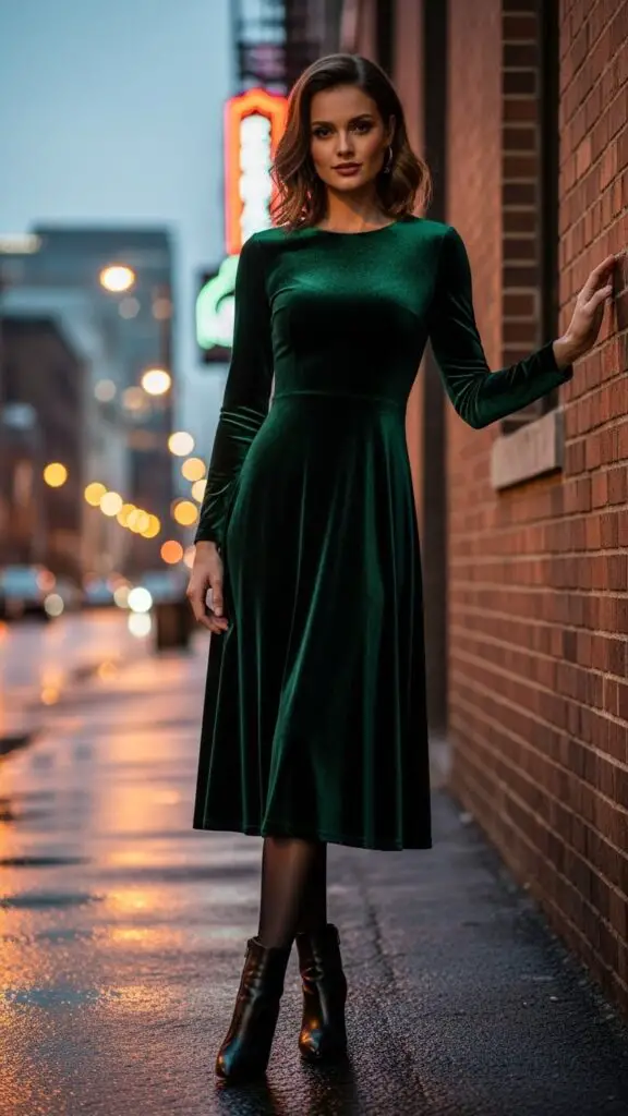 Velvet Midi Dress + Opaque Tights + Ankle Boots