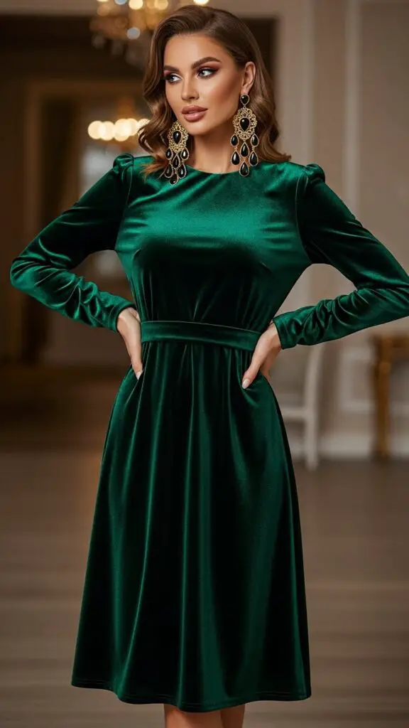 Velvet Midi Dress with Statement Earrings