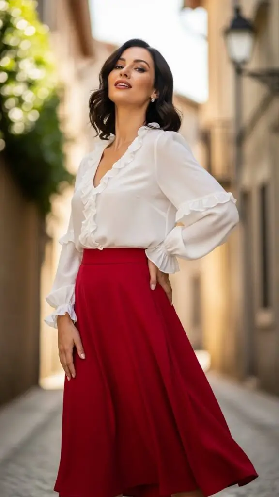 White Blouse + Red Skirt