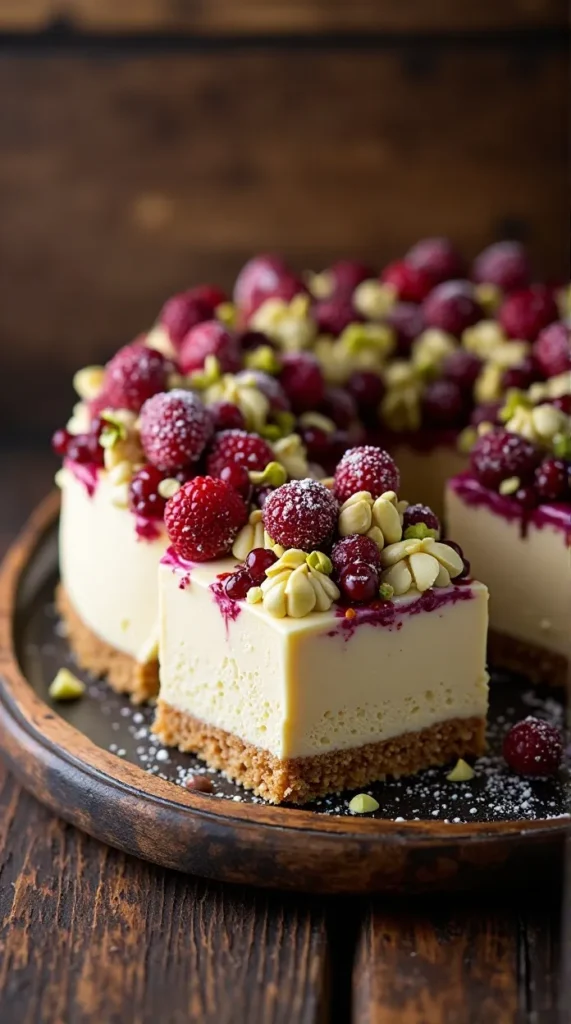 White Chocolate Pistachio Cranberry Cheesecake