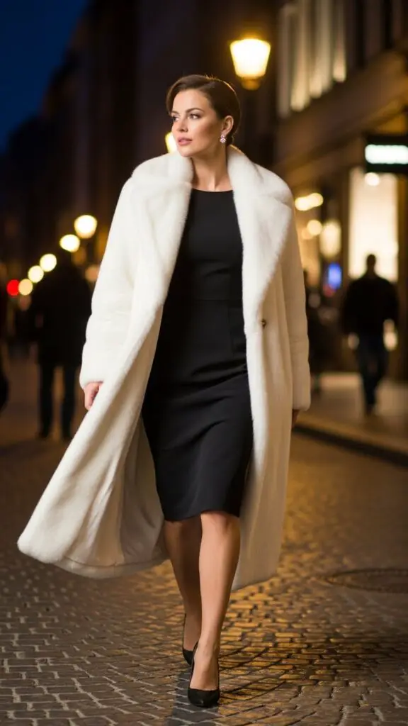White Fur Coat + Little Black Dress