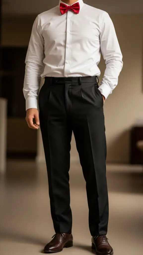 White Shirt + Red Bow Tie + Slacks