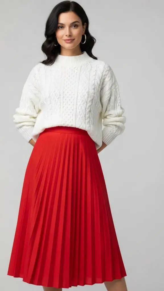 White Sweater + Red Pleated Skirt