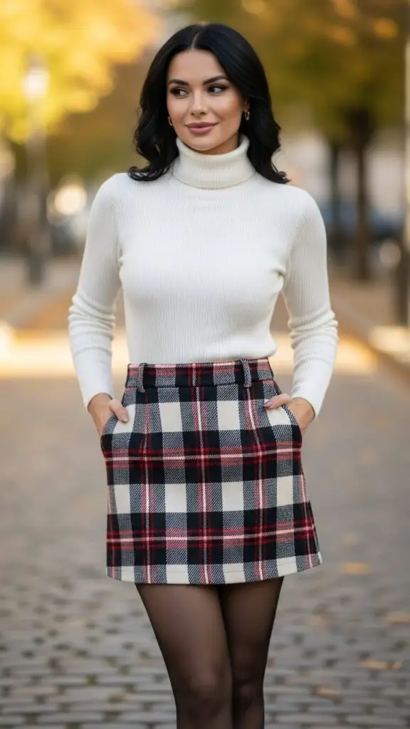 White Turtleneck + Plaid Mini Skirt + Tights
