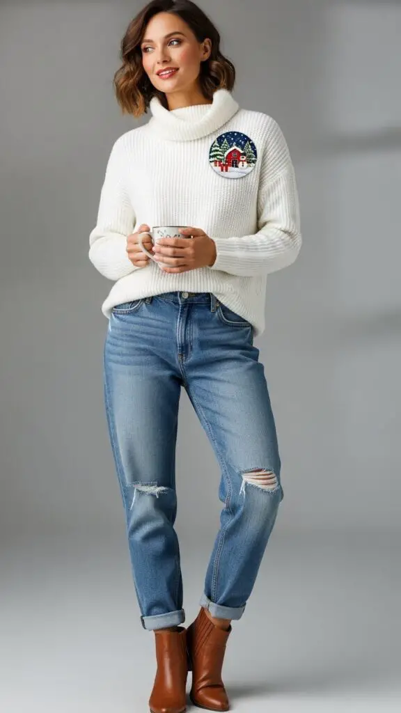 White Turtleneck with Holiday Brooch and Jeans