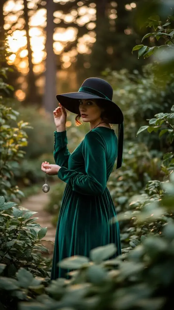 Wide-Brim Hat + Velvet Dress