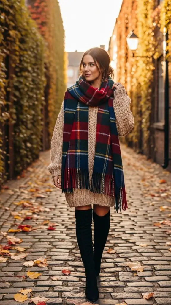 Wool Blanket Scarf + Sweater Dress + Over-the-Knee Boots