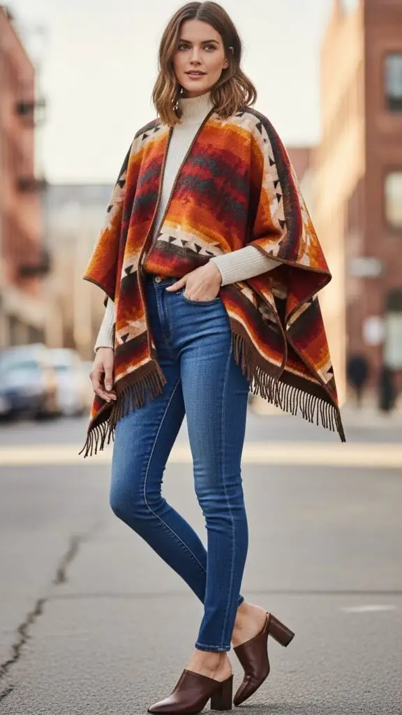 Wool Poncho + Skinny Jeans + Mules