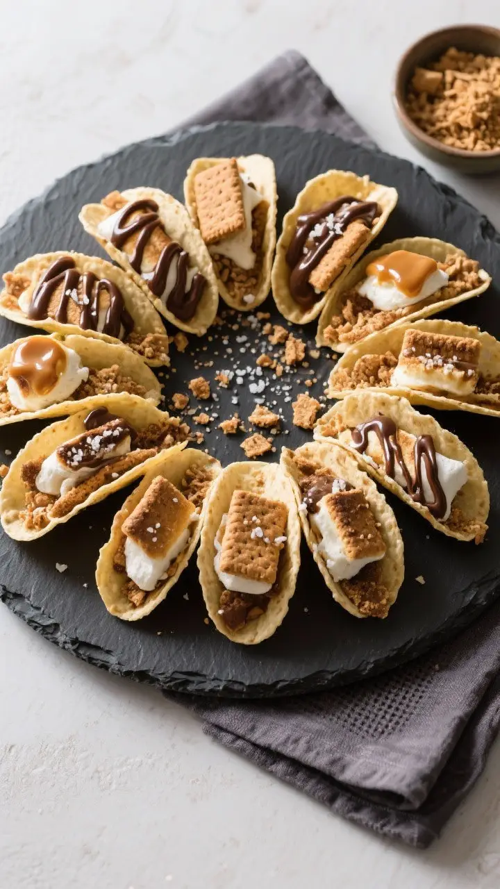 Tasty top-down presentation: a platter of assorted finished Mini Smores Tacos arranged in a fan on a