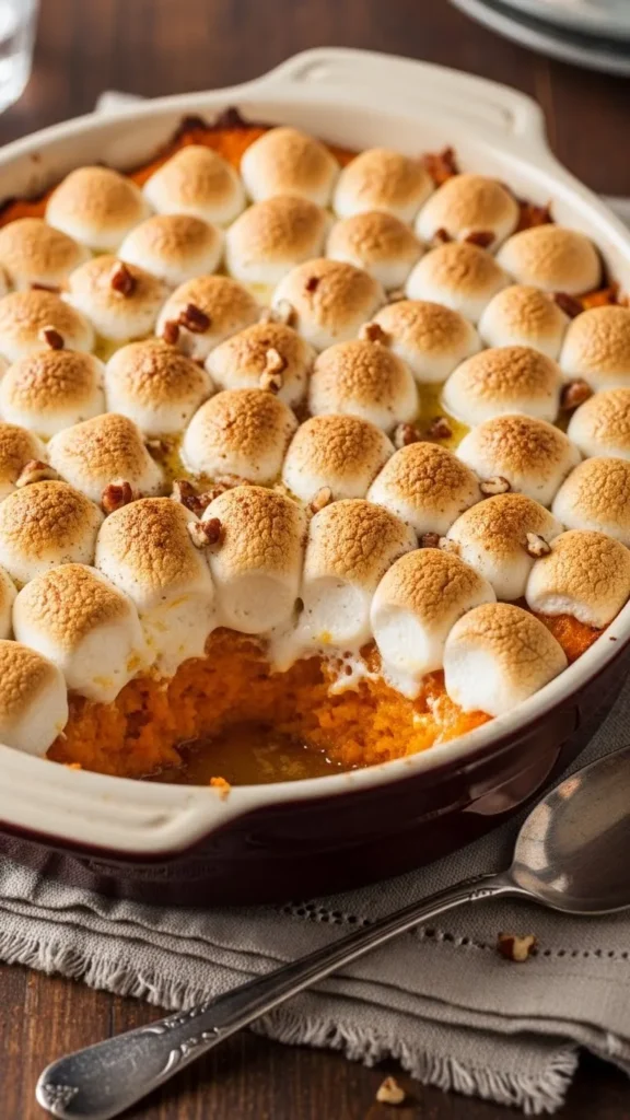 Bourbon-Infused Sweet Potato Casserole with Marshmallows