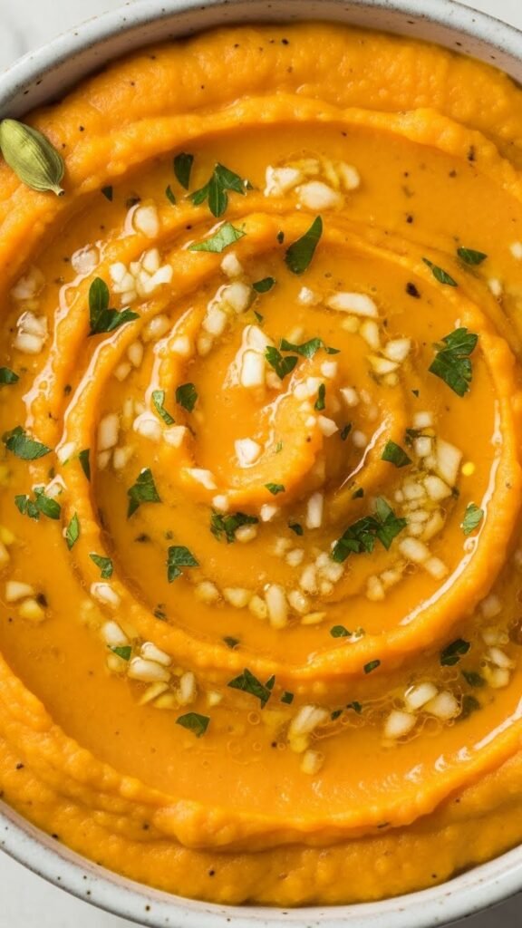 Cardamom-Scented Sweet Potato Puree with Garlic Butter Swirl