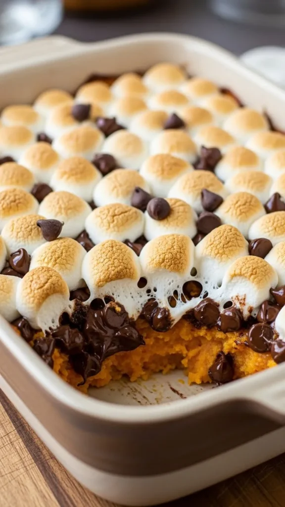 Chocolate Chip Sweet Potato Casserole with Marshmallows