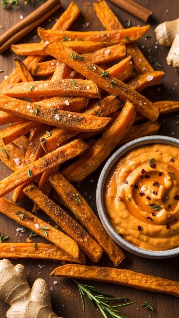 Cinnamon-Ginger Sweet Potato Fries with Spicy Butter Dip