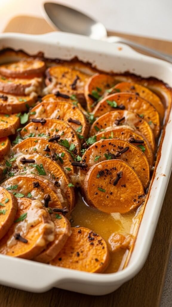 Clove-Spiked Sweet Potato Gratin Drizzled in Brown Butter