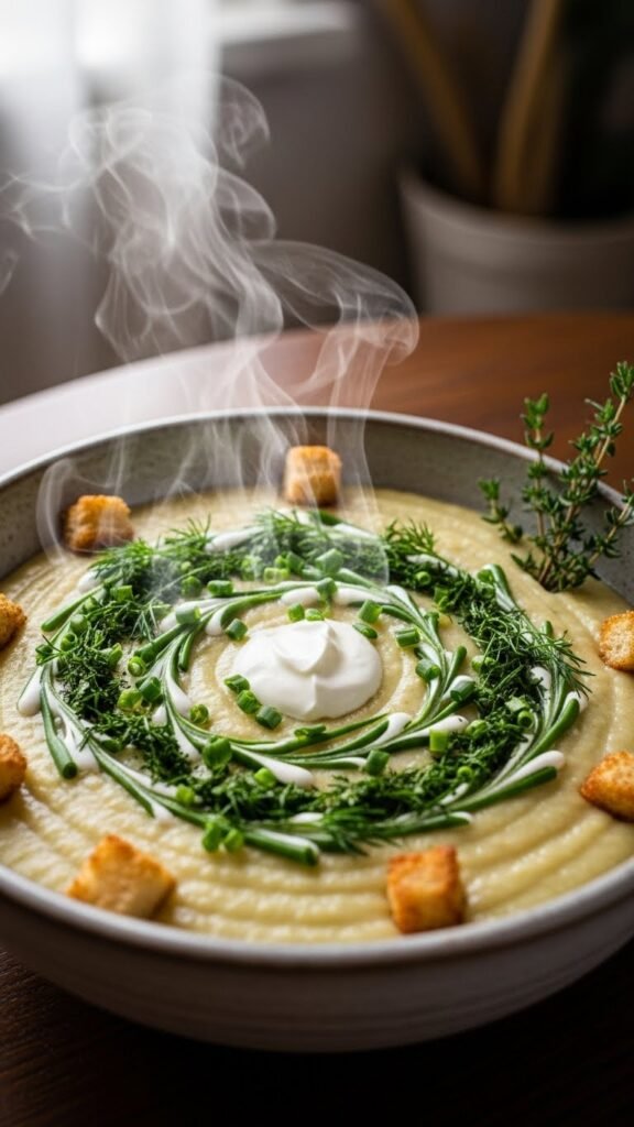 Creamy Mashed Potato Soup with Herb Swirls