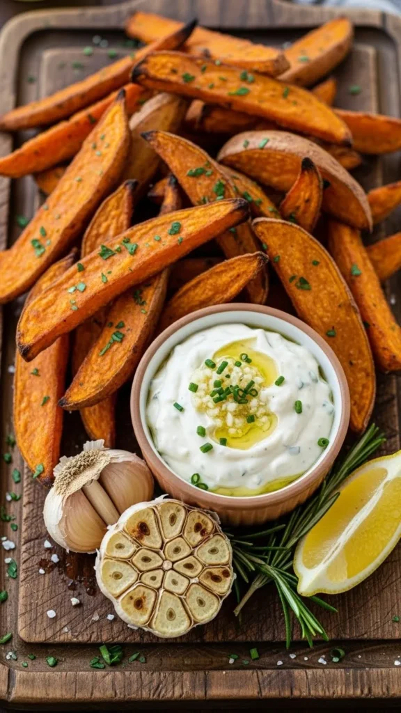 Crispy Sweet Potato Wedges with Garlic Aioli