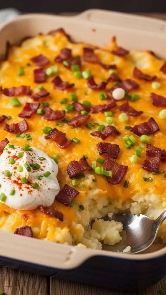 Loaded Baked Mashed Potatoes with Bacon and Cheese