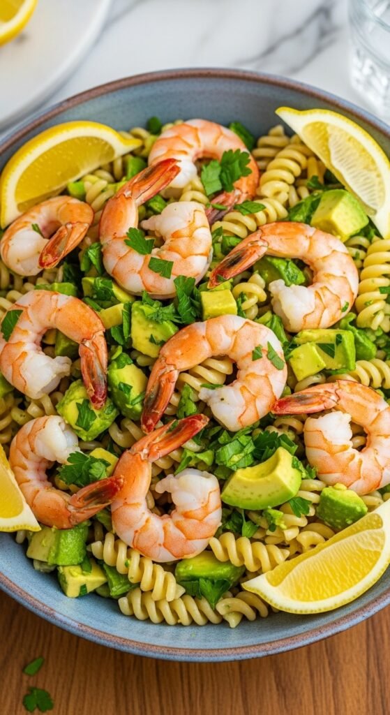15-Minute Lemony Shrimp & Avocado Pasta Salad