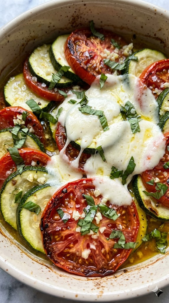 "Baked" Zucchini with Tomatoes and Fresh Mozzarella