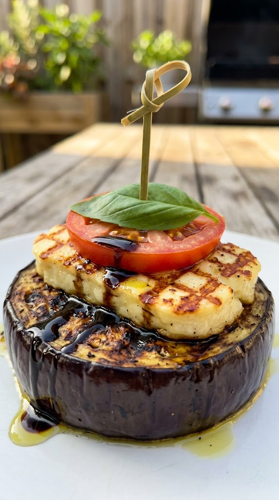 Balsamic Grilled Eggplant and Halloumi Stacks