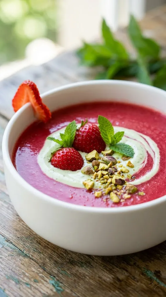 Chilled Strawberry-Rhubarb Soup with Pistachio Crème