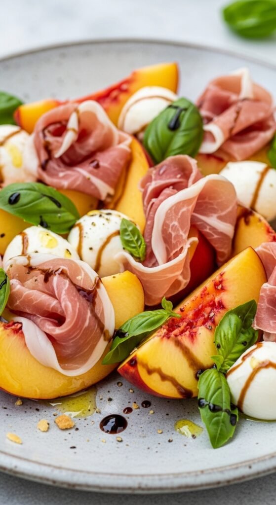 Cool Peach, Prosciutto & Mozzarella Caprese