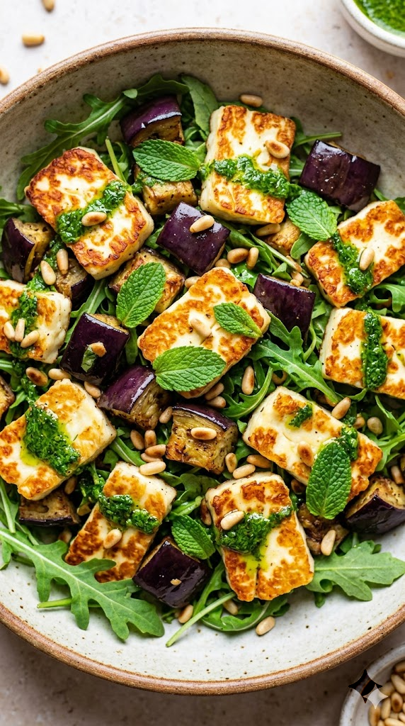 Crispy Halloumi & Roasted Eggplant Salad with Mint Vinaigrette