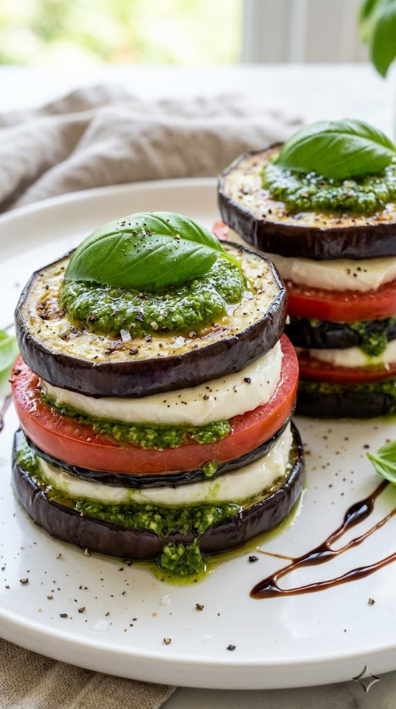 Eggplant and Tomato Stack with Pesto and Mozzarella