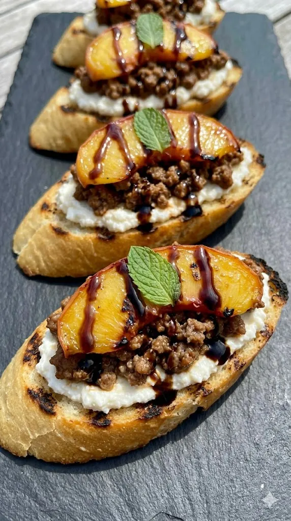 Grilled Beef & Peach Balsamic Crostini