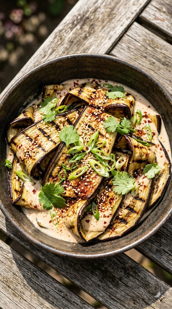 Grilled Eggplant Noodles with Spicy Tahini Sauce
