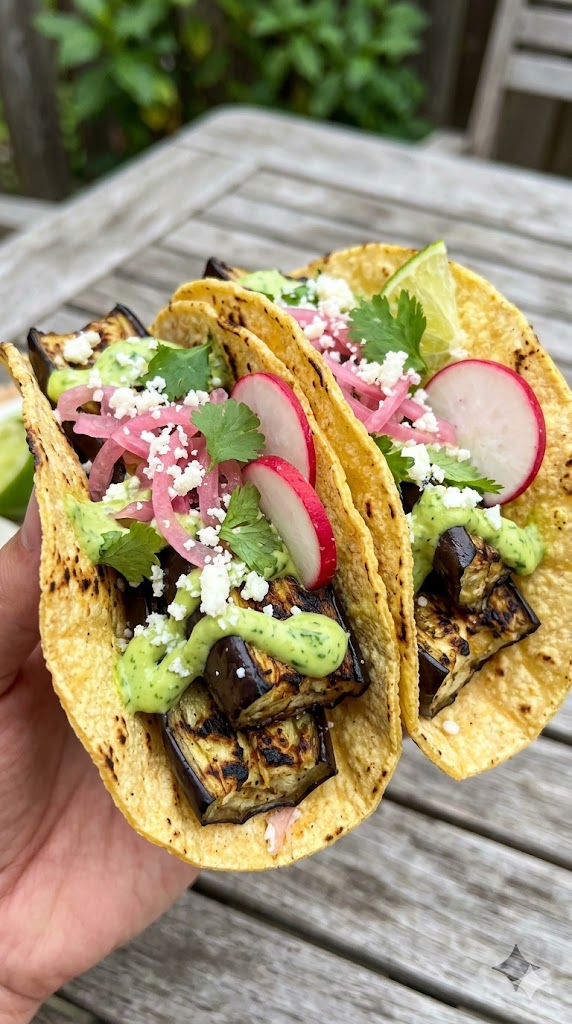 Grilled Eggplant Tacos with Zesty Avocado-Cilantro Sauce