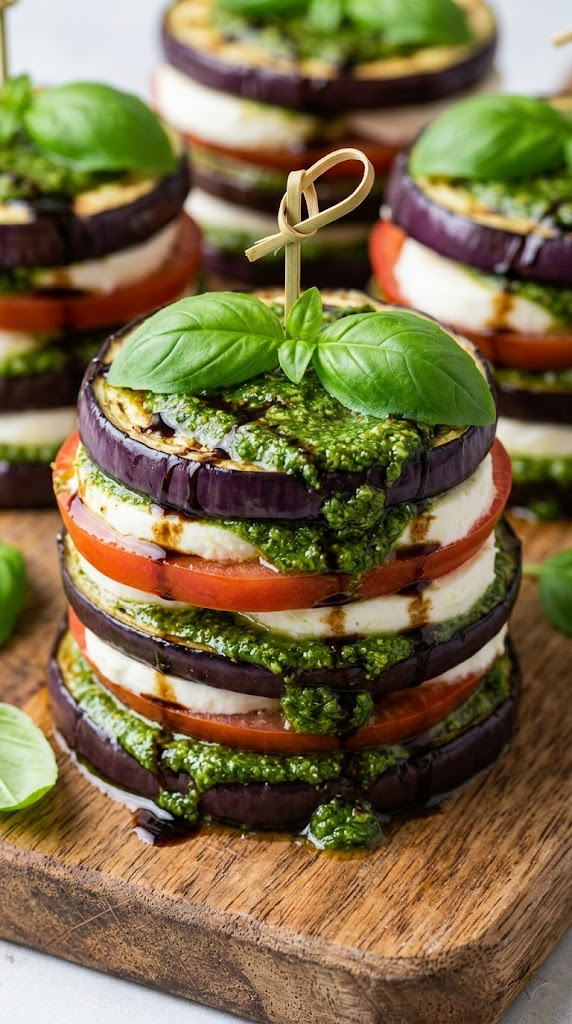 Grilled Eggplant & Tomato Stackers with Pesto