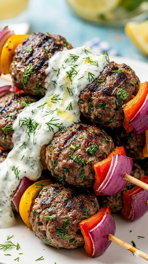 Healthy Greek Beef Meatball Skewers
