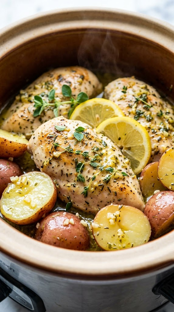 Light Lemon Herb Crockpot Chicken & Potatoes