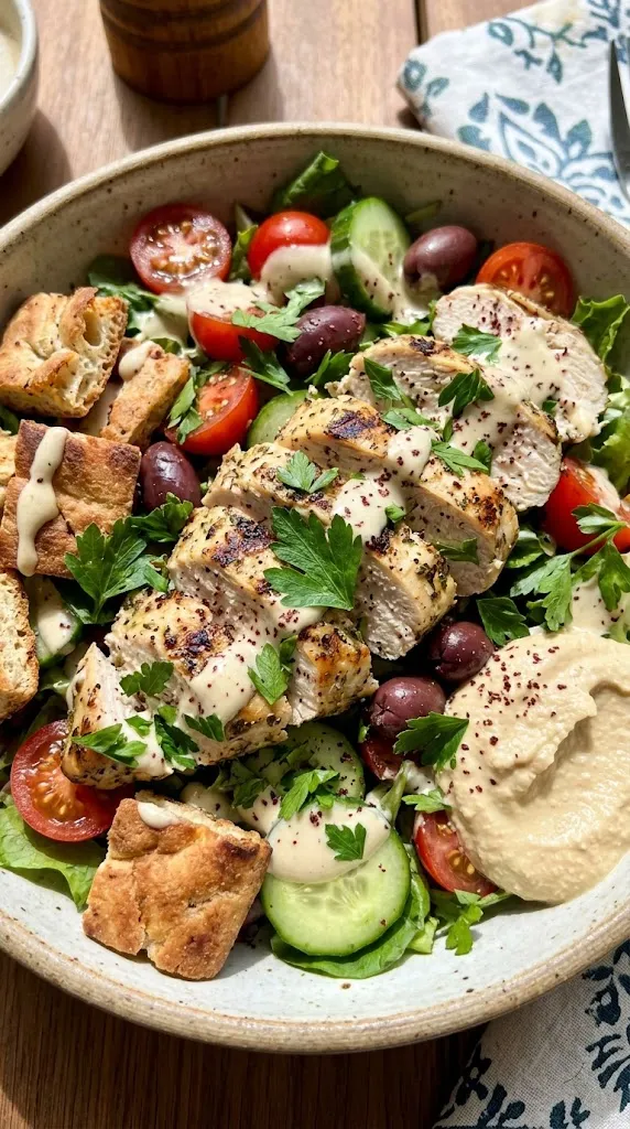 Mediterranean Chicken & Hummus Salad with Pita Croutons
