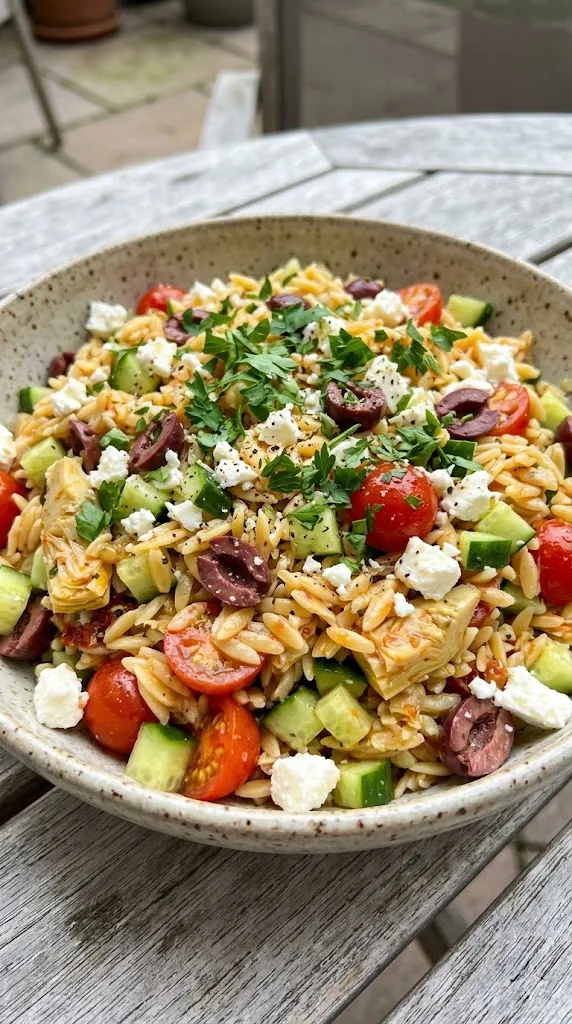 Mediterranean Orzo Pasta Salad with Sun-Dried Tomato Vinaigrette