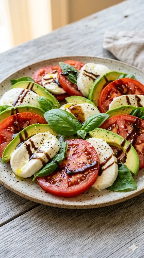 Modern Caprese Salad with Avocado & Balsamic Glaze