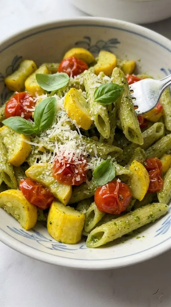 Pesto Pasta with Blistered Tomatoes & Yellow Squash