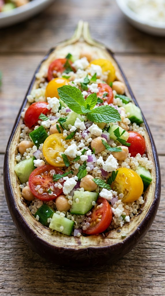 Quinoa Stuffed Eggplant Boats with Feta