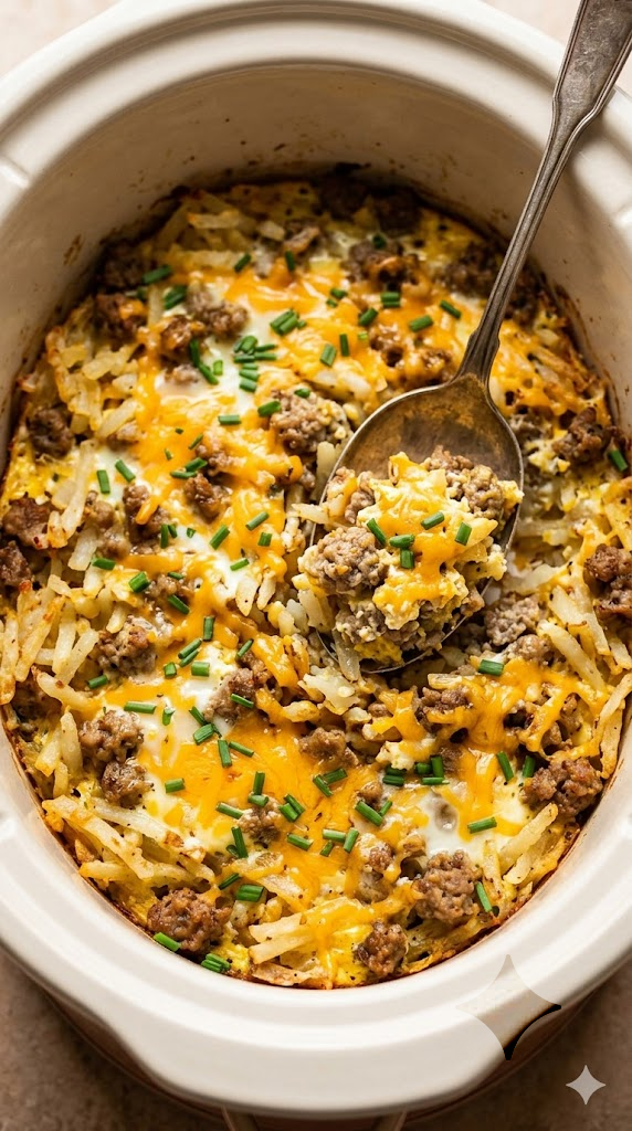 Slow Cooker Sausage & Hashbrown Breakfast Casserole