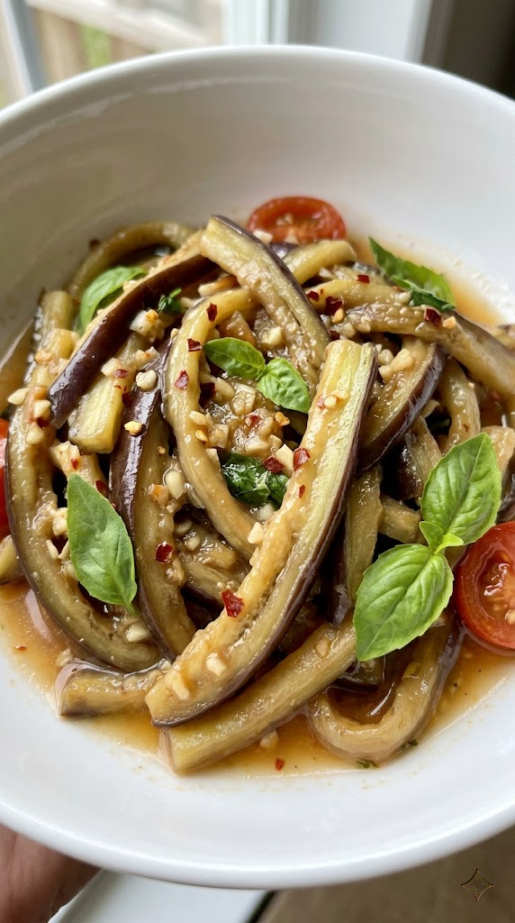Speedy Summer Eggplant Noodles with Garlic and Basil