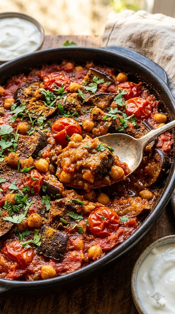 Spiced Eggplant, Tomato, and Chickpea Bake