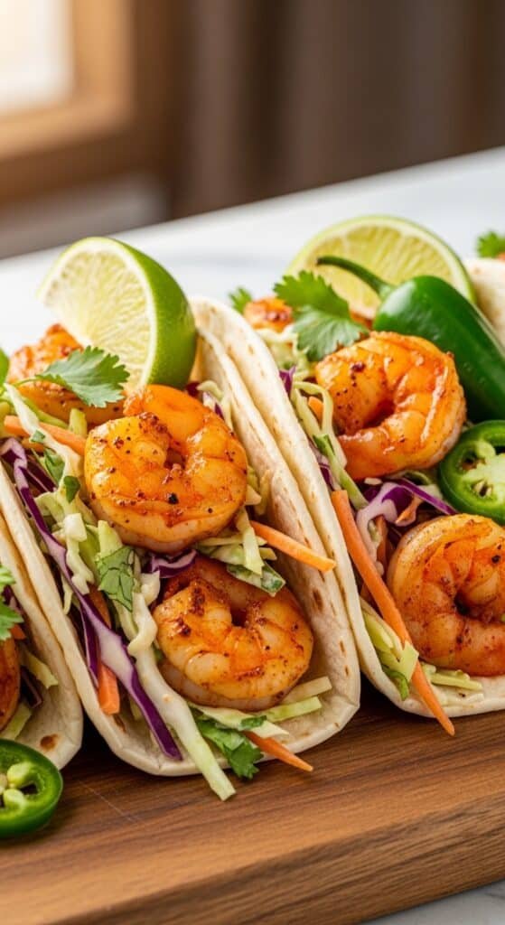Spicy Shrimp Tacos with 5-Minute Slaw