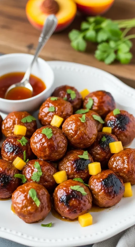 Sweet & Spicy Peach Glazed Meatballs