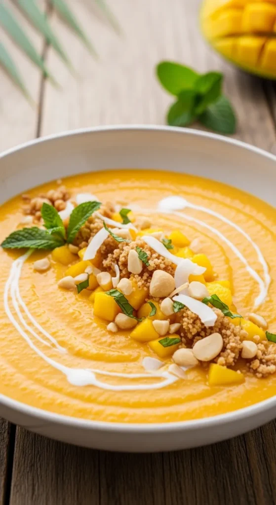 Tropical Mango-Coconut Gazpacho with Macadamia Crunch