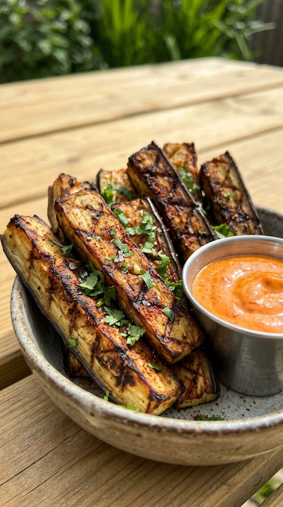Zesty Grilled Eggplant Fries with Harissa Aioli